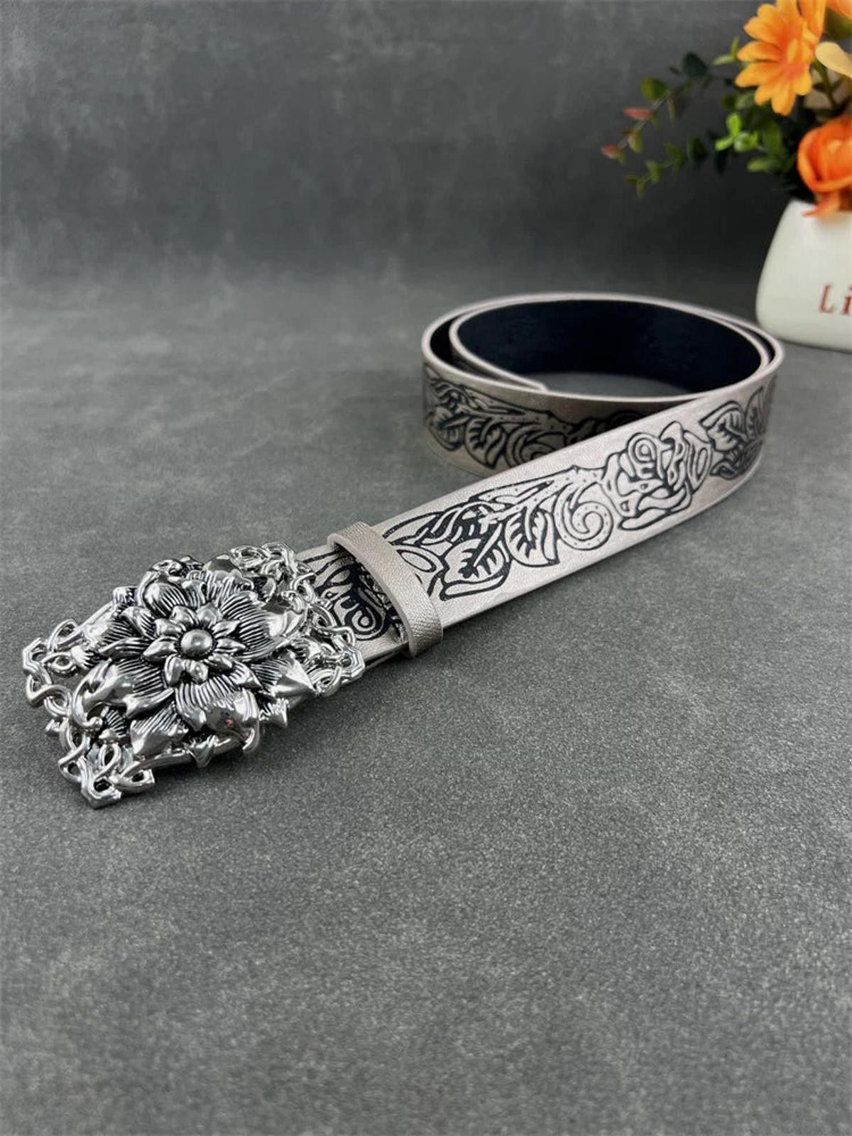 Leather Floral-Embossed Silver Buckle Belt Size ONE SIZE - 4 Thumbnail