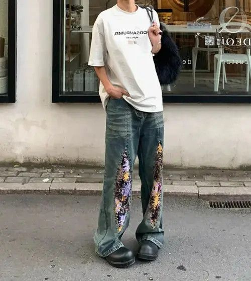 Jean Baggy Patchwork Embellished Wide Leg Jeans Size US 30 / EU 46 - 3 Thumbnail