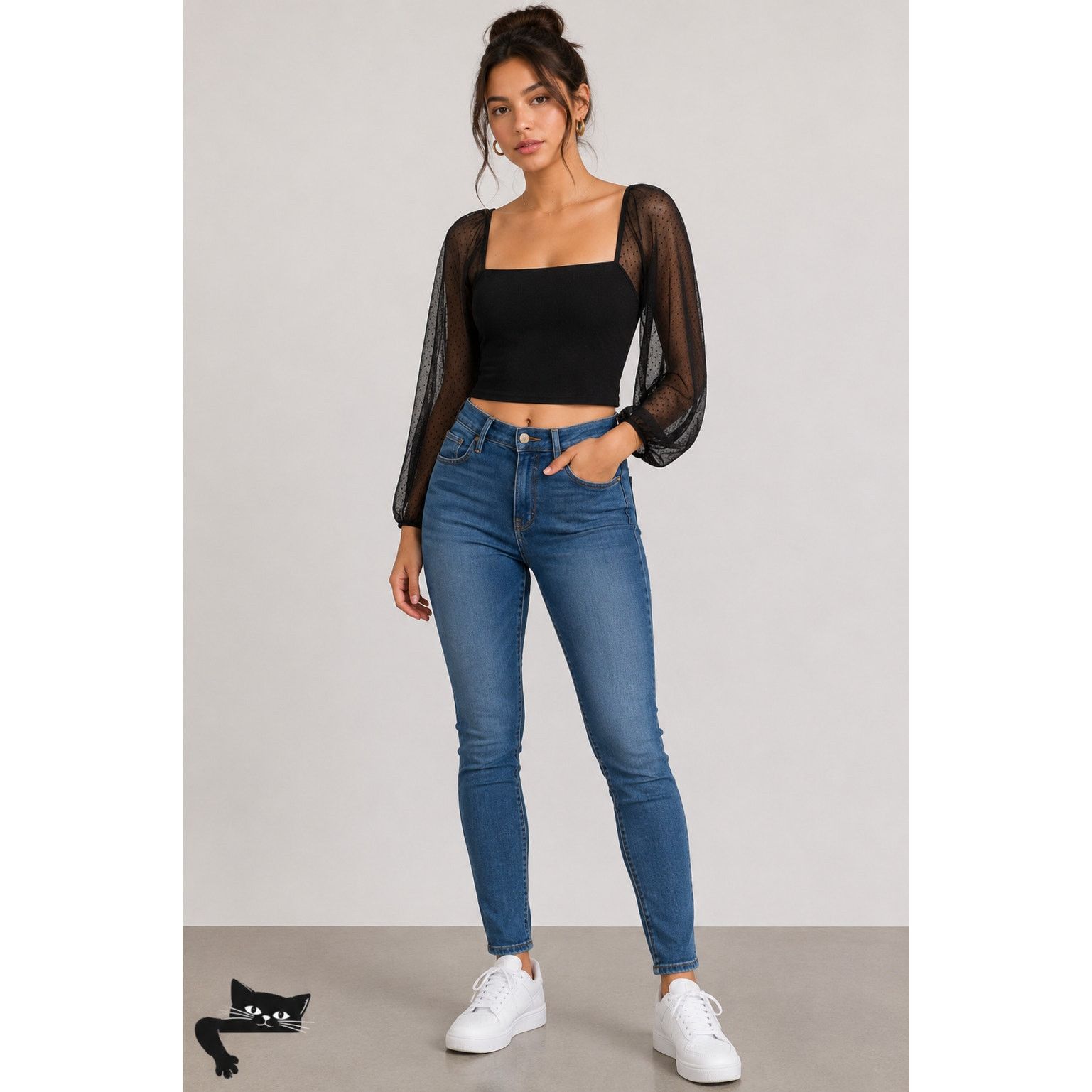 Other Socialite Black Square Neck Polka Dot Balloon Sleeve Top Size M / US 6-8 / IT 42-44 - 3 Thumbnail