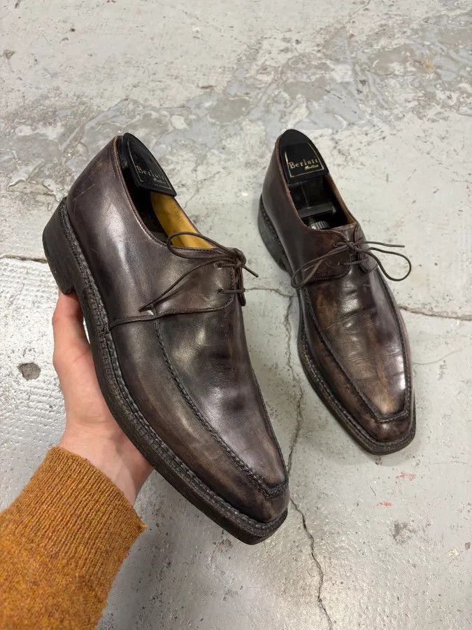 Berluti 2000s Berluti Brown Eroded Leather Derby Shoes Size US 9 / EU 42 - 1 Thumbnail