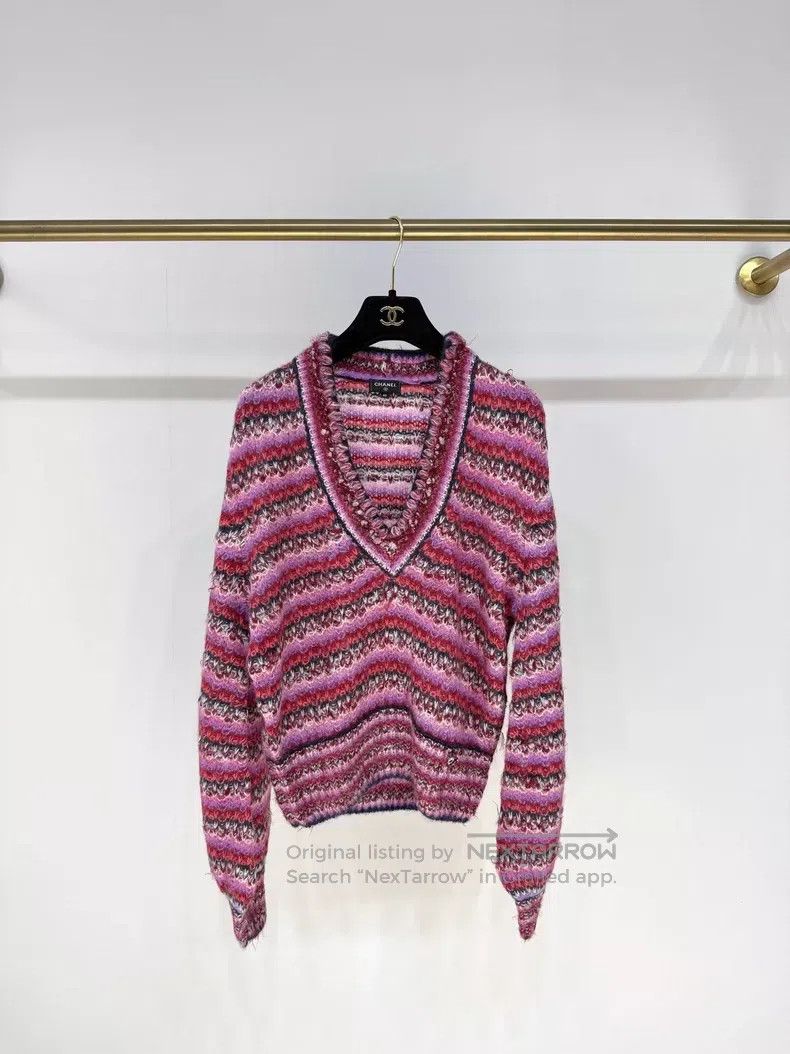 Chanel 22A Handmade Workshop Rainbow Striped Silk V-neck K