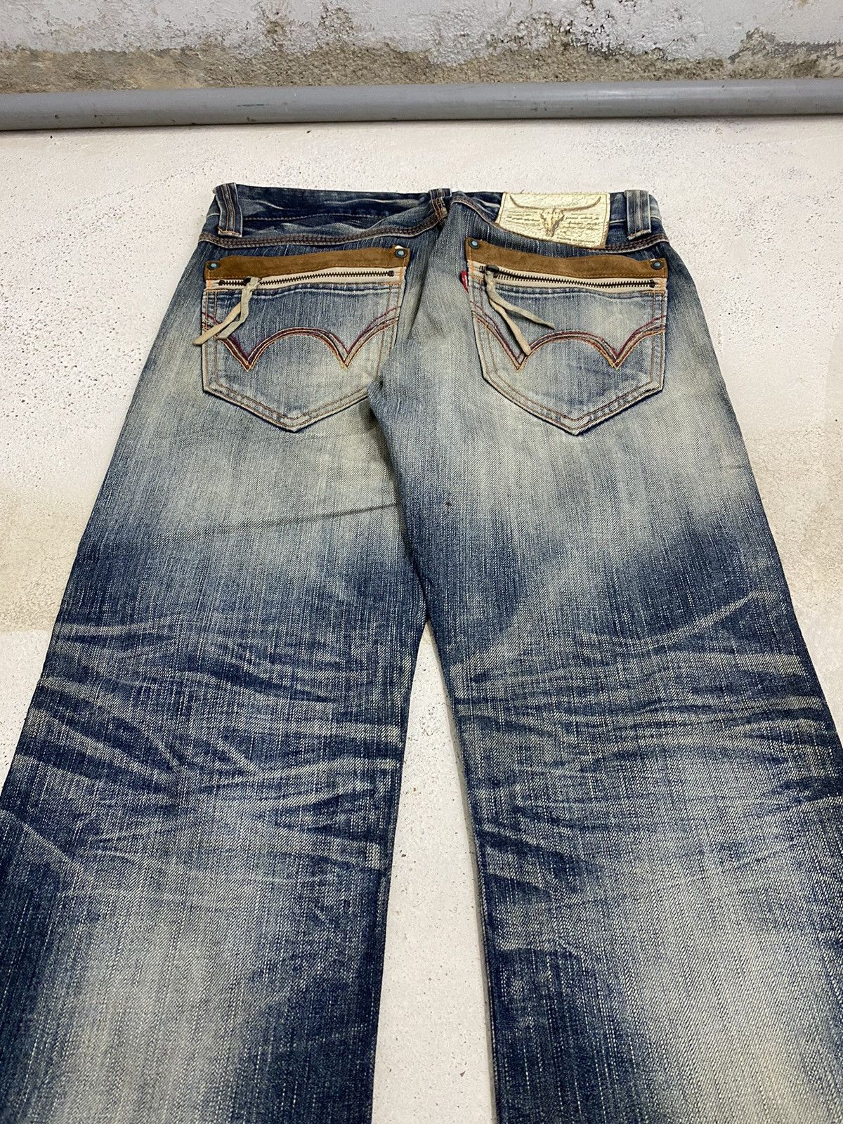 Edwin × Japanese Brand Edwin Blue Trip Mud Washed Whisker Distress Zipper Pocket Size US 31 - 11 Thumbnail