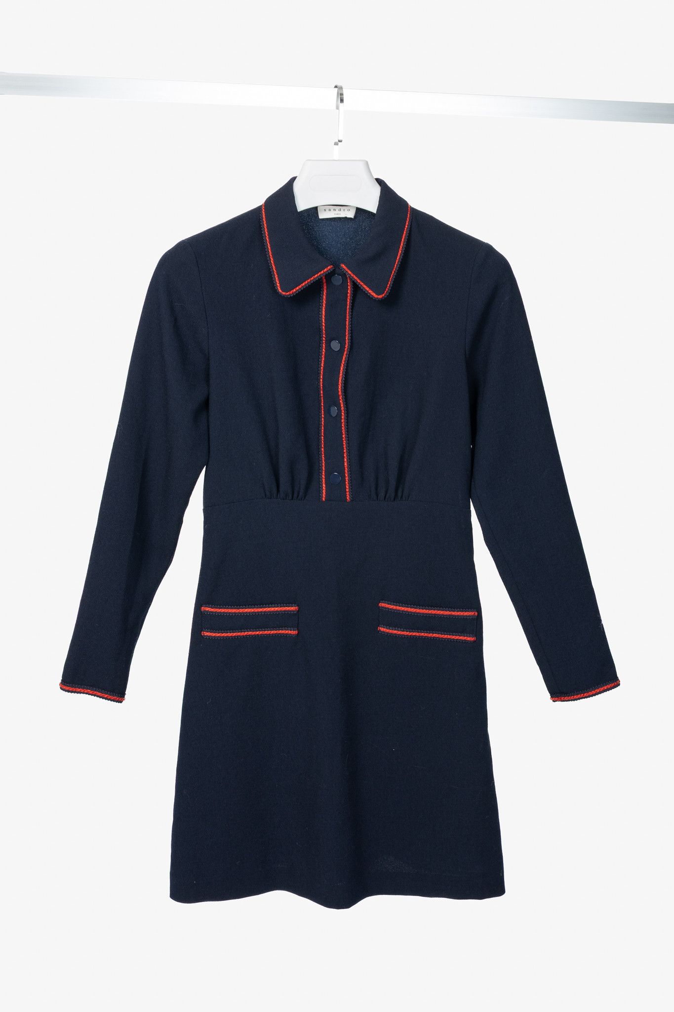 Sandro Sandro Navy Blue Textured-Crepe Braid-Trim Mini Dress Size S / US 4 / IT 40 - 1 Thumbnail