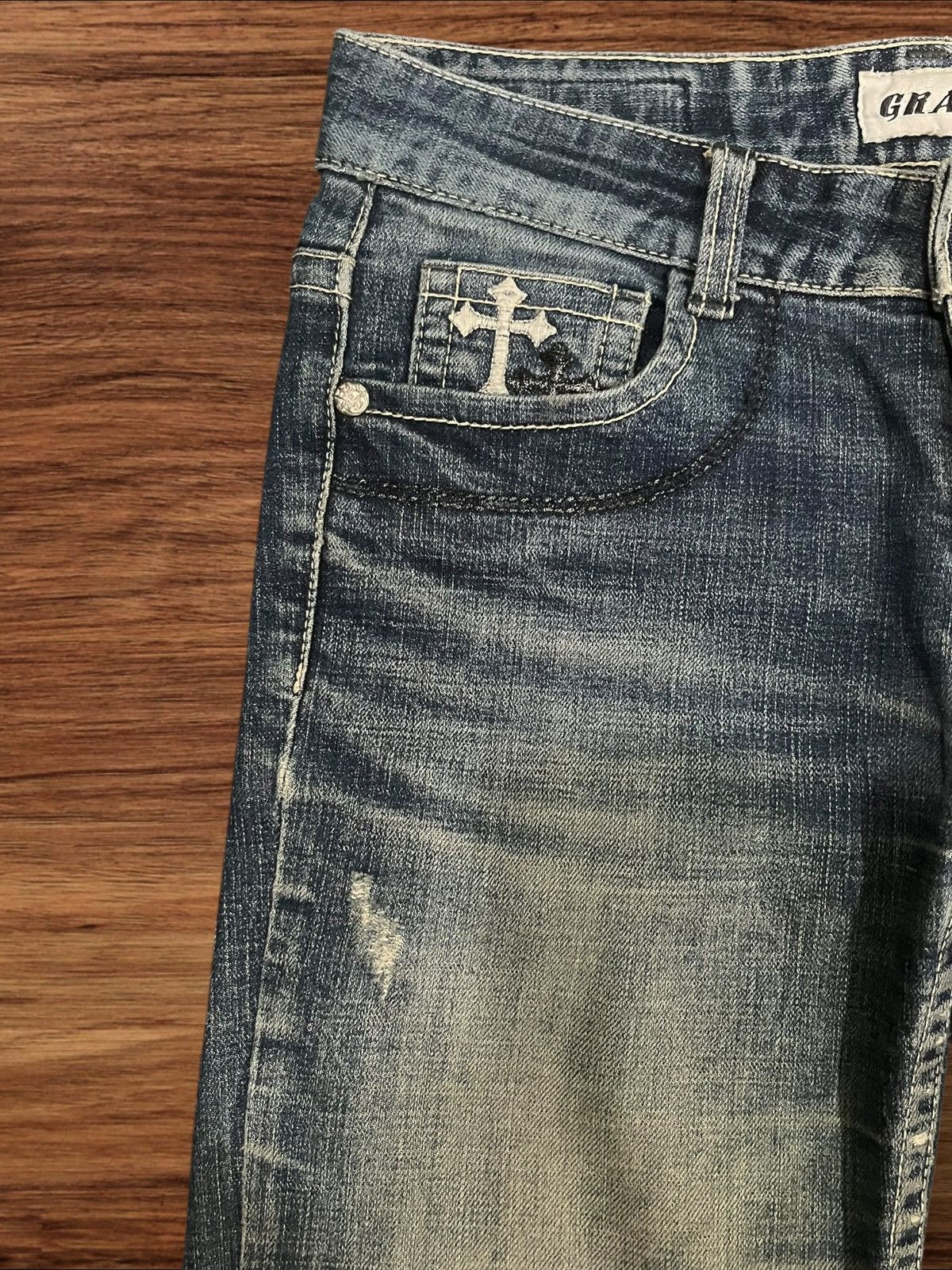 Ed Hardy ⚡️Insane⚡️Grashopper Skull Trinity Embroidered Rip Flare Jeans Size US 29 - 5 Thumbnail