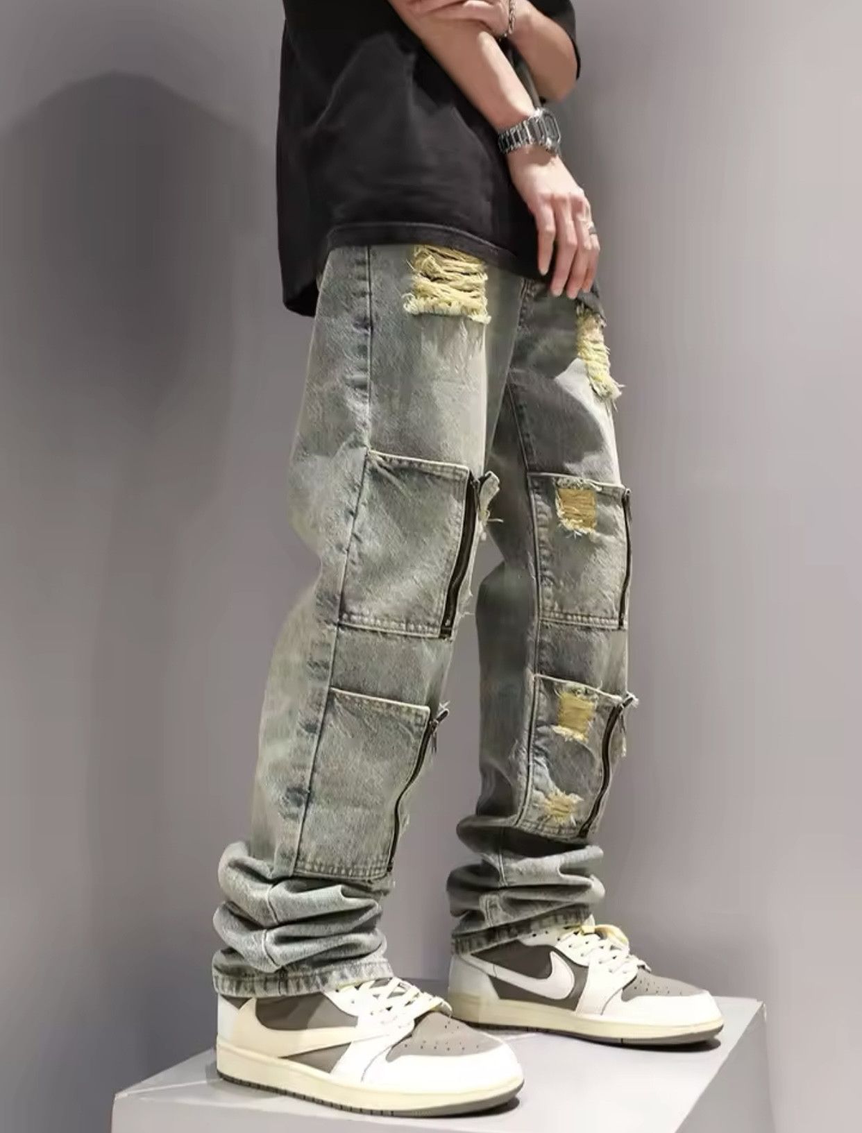Multi Zipper Pocket Washed and Perforated Jeans