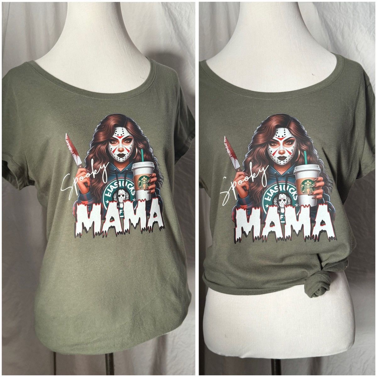 Vintage Spooky Mama, Coffee & Halloween Theme, Retro Fitted Tee Size L / US 10 / IT 46 - 3 Thumbnail