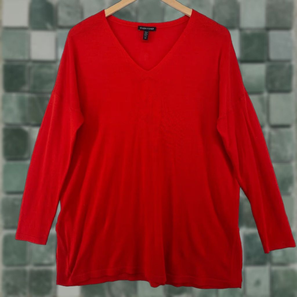 EILEEN FISHER Merino Wool Sweater S V-Neck Dolman Sleeve Pullover Hot Red Classic Womens