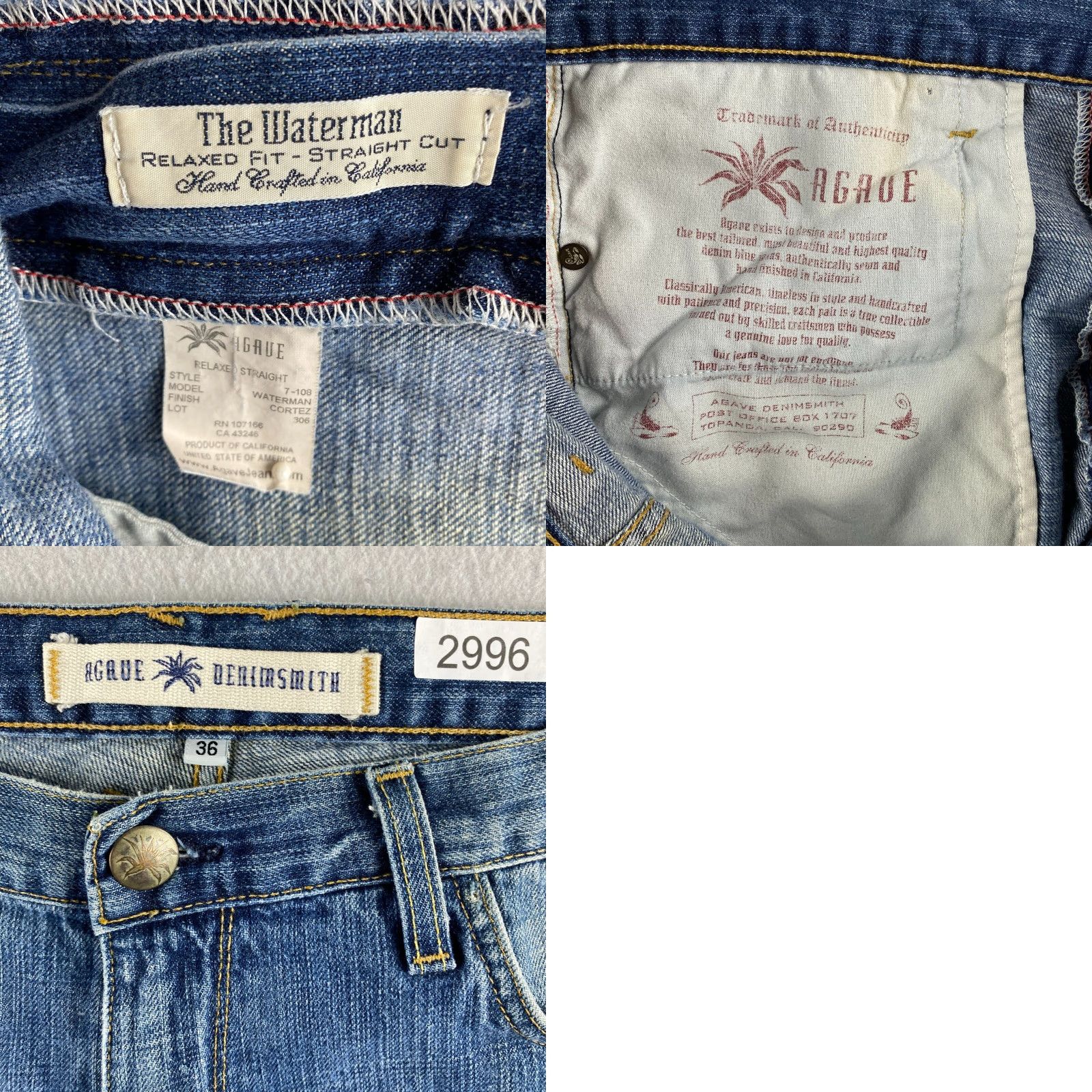 Denime VINTAGE Agave Jeans Mens 36 Blue Relaxed Straight Distressed Denim Dark Size US 36 / EU 52 - 11 Thumbnail