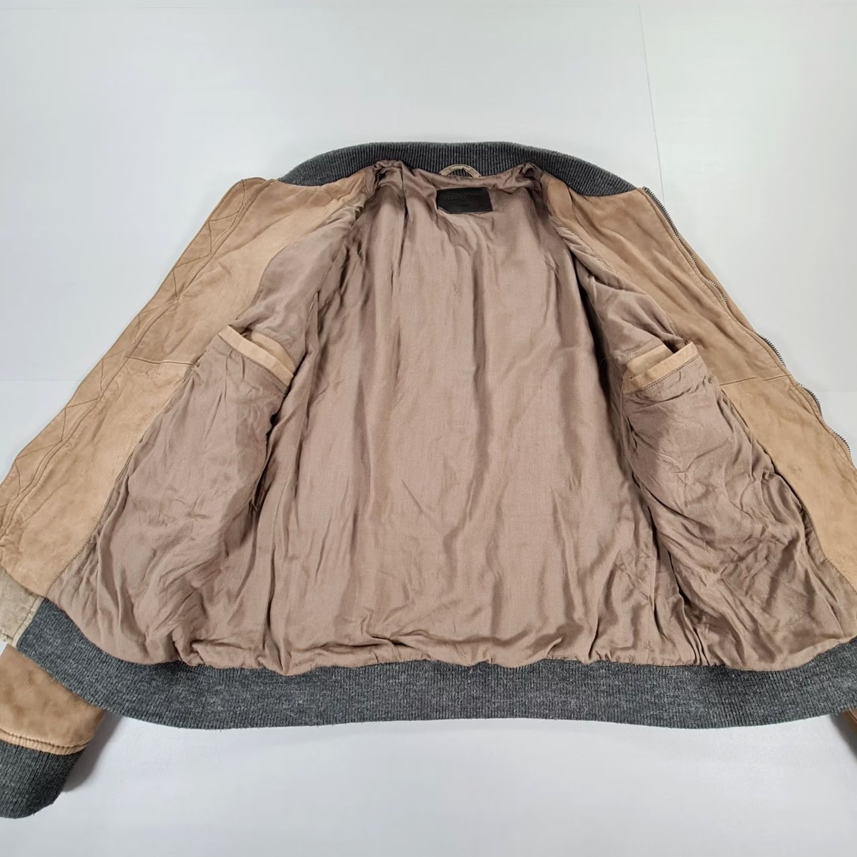 Allsaints AllSaints Mens Jacket Khaki Green Large Lightweight Bomber Linen Leather Casual Zip Boxson Size US L / EU 52-54 / 3 - 7 Thumbnail