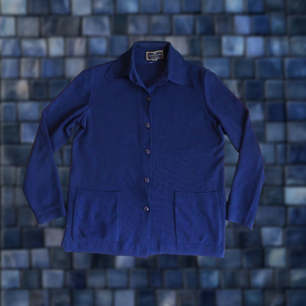Old Navy VTG 70s Le Roy Gold Navy Blue Poly Button Pocket Cardigan Sweater Shirt Womens M Size M / US 6-8 / IT 42-44 - 1 Thumbnail