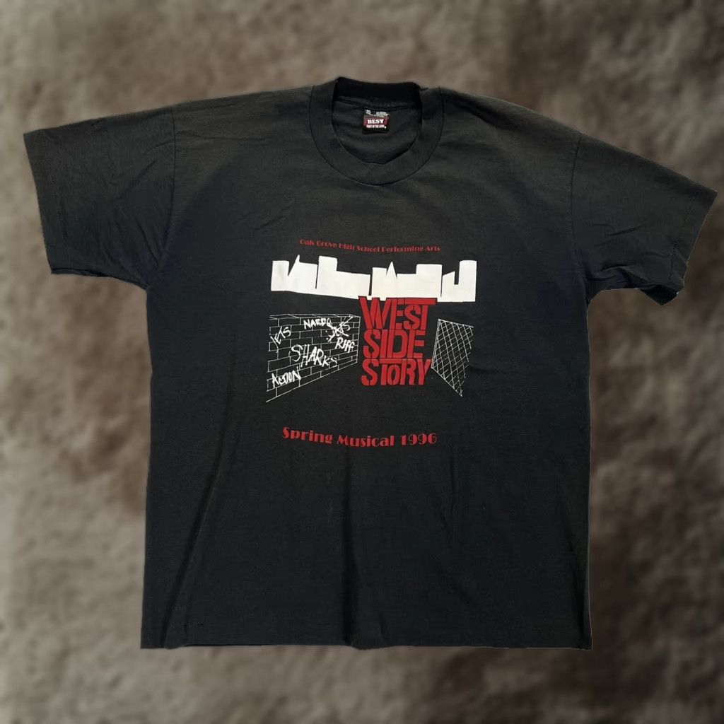 Fruit Of The Loom VINTAGE West Side Story Musical T-Shirt XL Black Men Short Sleeve 90s Theater 1996 Oak Grove High School Size US XL / EU 56 / 4 - 1 Thumbnail