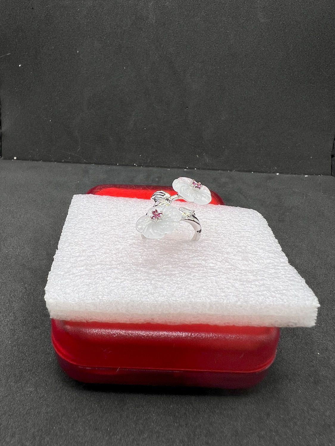Designer Two White Jade Flowers Silver Ring with Pink Czs Size ONE SIZE - 2 Thumbnail
