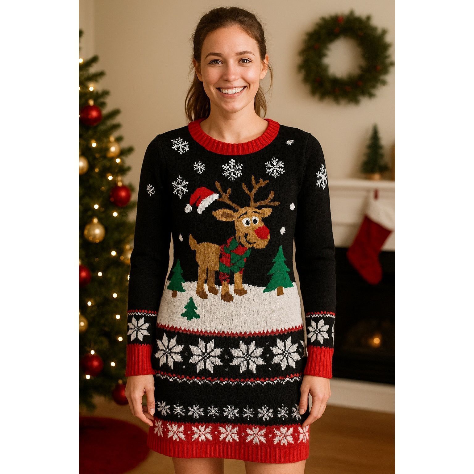 Other Ugly Christmas Sweater Dress Black Red Rudolph Reindeer Size S / US 4 / IT 40 - 1 Thumbnail