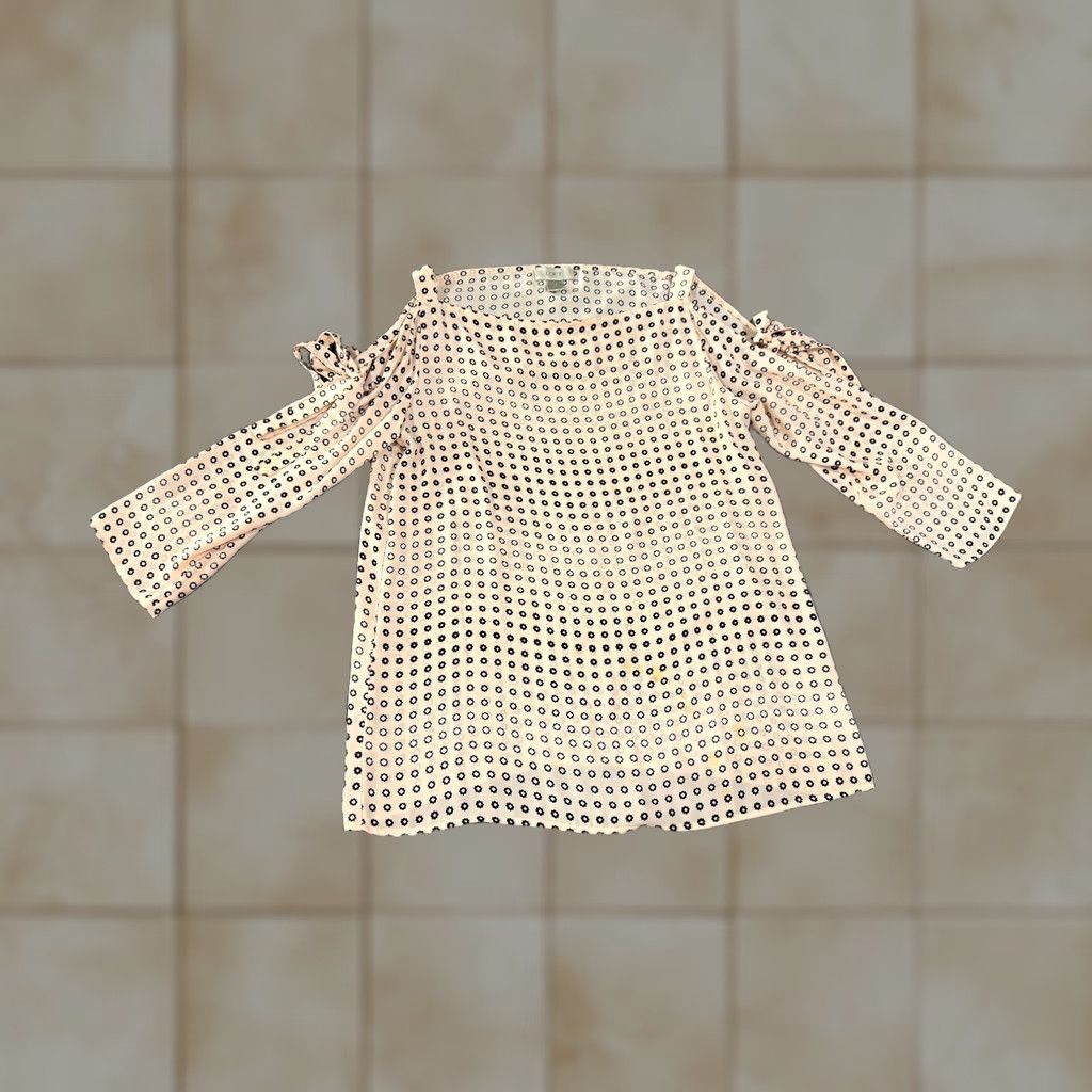 Loft LOFT Blouse Womens S Pink Black Geometric Print Tie Sleeve Long Sleeve Crew Neck Casual Pattern: Geometric Ruffle Polyester Regular All Seasons Size S / US 4 / IT 40 - 1 Thumbnail
