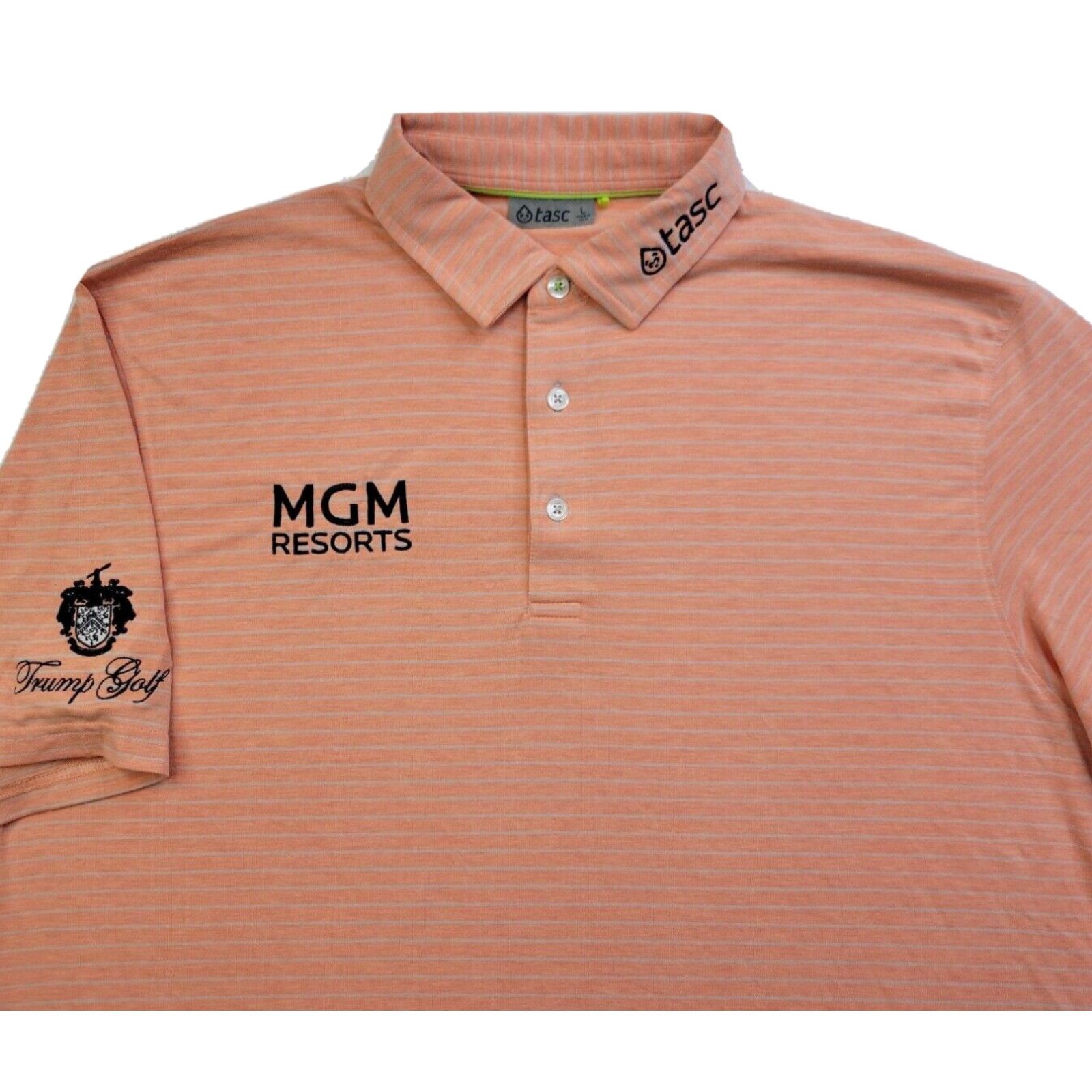 image of Vintage Tour Issue Benny Taylor Trump Golf Tasc Mgm Resorts L Polo Shirt Orange Striped in White (S