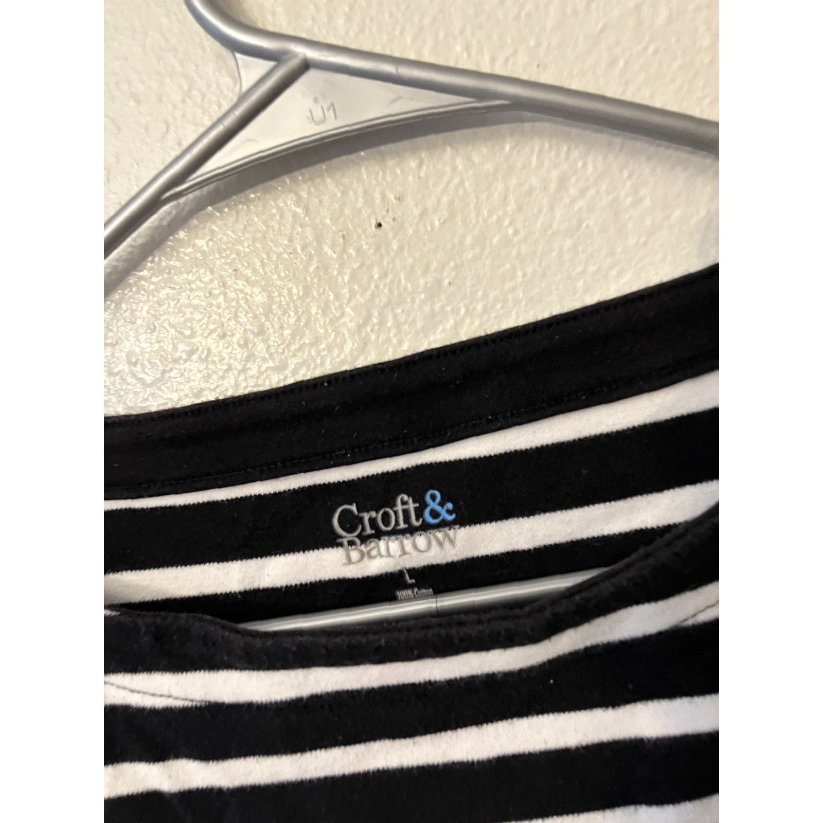 Croft & Barrow Croft & Barrow Croft Barrow Striped 3/4 Sleeve Top White Black L Blouse Womens Casual Knit Stretch Boat Neck Button Fall Basic Cotton Size L / US 10 / IT 46 - 2 Thumbnail