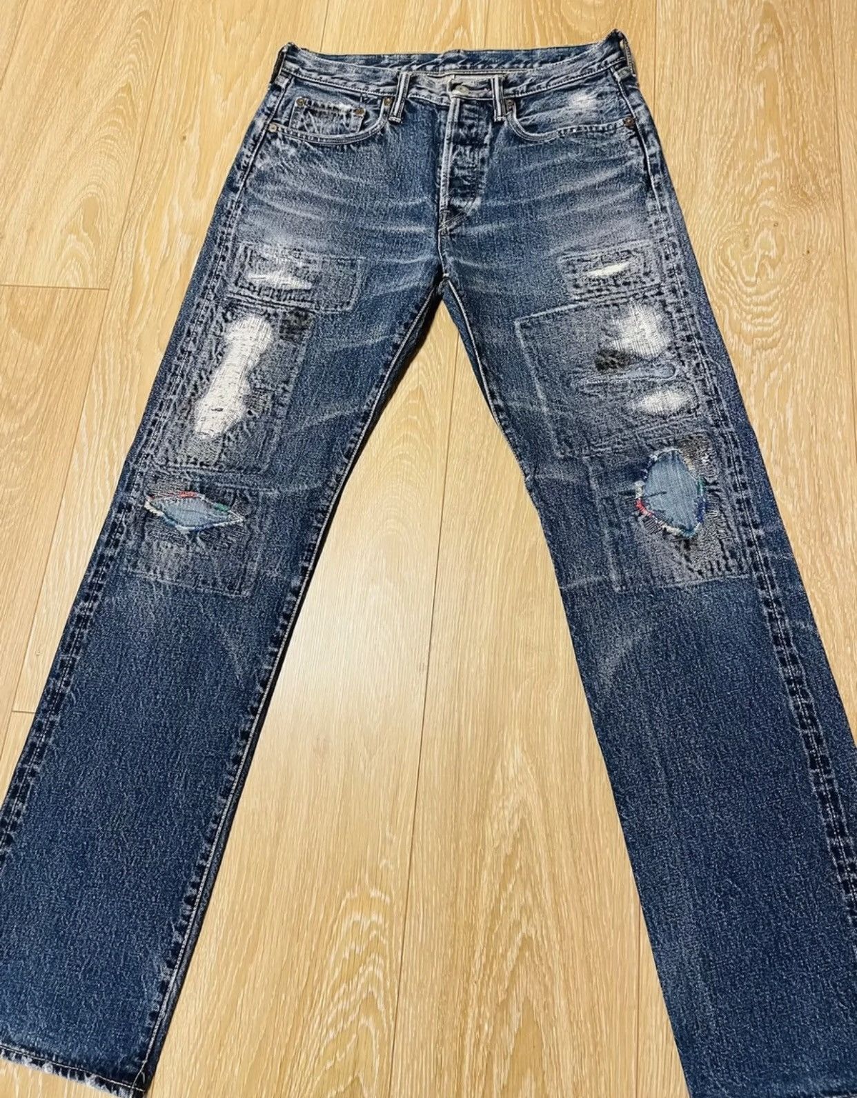 image of Kapital Damage Patch Boro Jeans in Blue, Men's (Size 32)