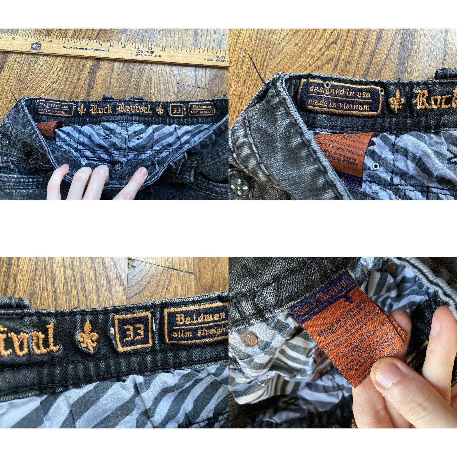 Vintage Rock Revival Jeans Slim Straight 33x27 Black Flap Pockets Mens Regular Size 33 Inseam 27 China Size US 33 - 8 Thumbnail