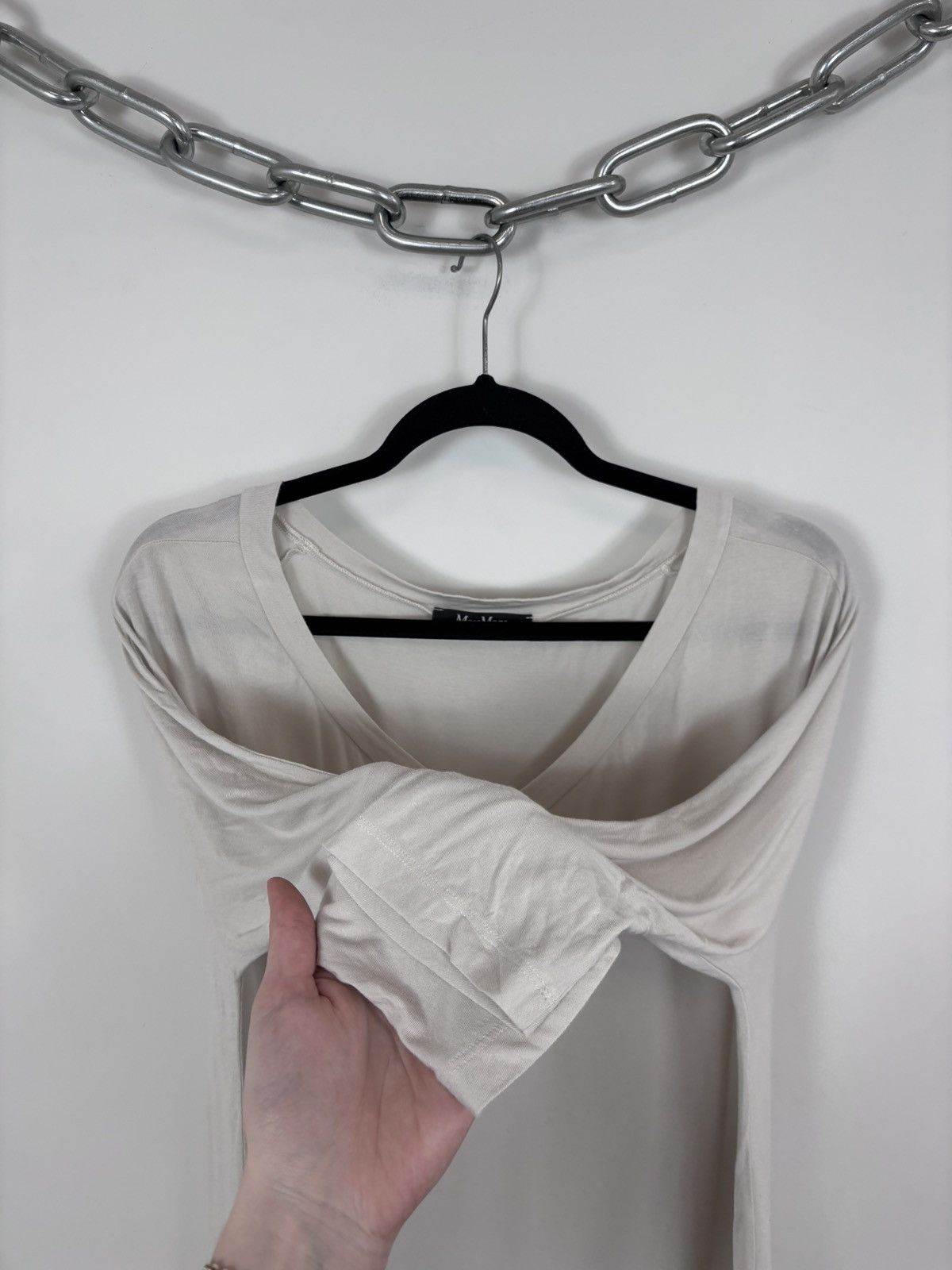 Max Mara Max Mara Bodywear Ecru White Women’s V-Neck Long Sleeve Tee Size L / US 10 / IT 46 - 8 Thumbnail