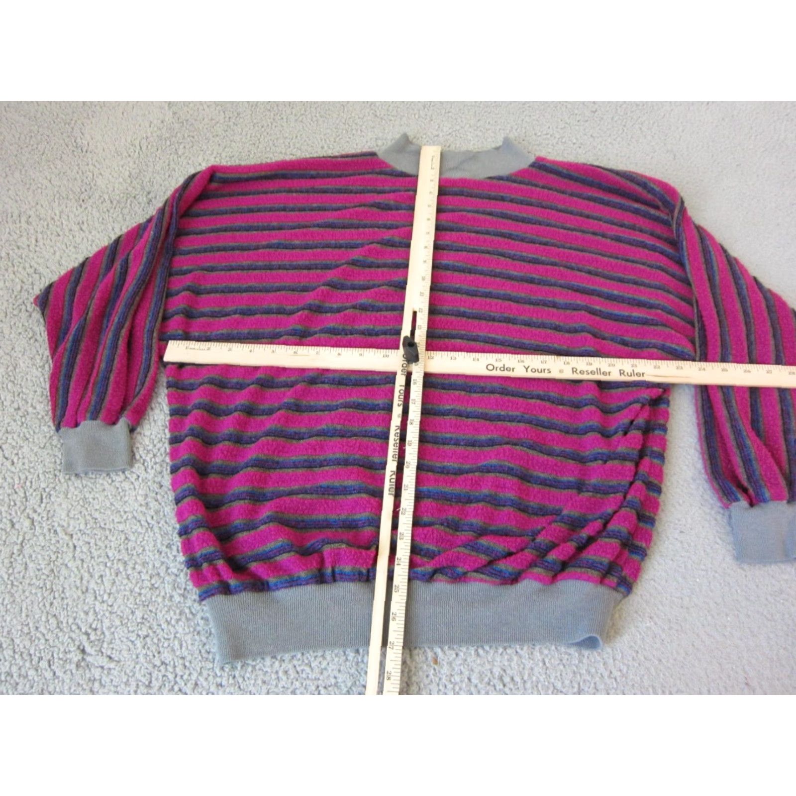 Velour VINTAGE Velour Sweater Womens L Pink Blue Striped 90s High Neck Fleece Pullover Size L / US 10 / IT 46 - 4 Thumbnail