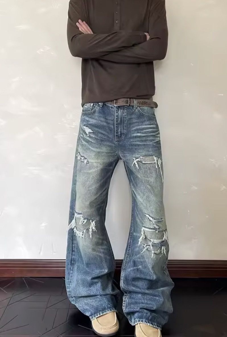 Japanese Brand HEAVY Distressed Ultra-Baggy Denim - Y2K Stacked Fit Size US 33 - 1 Thumbnail