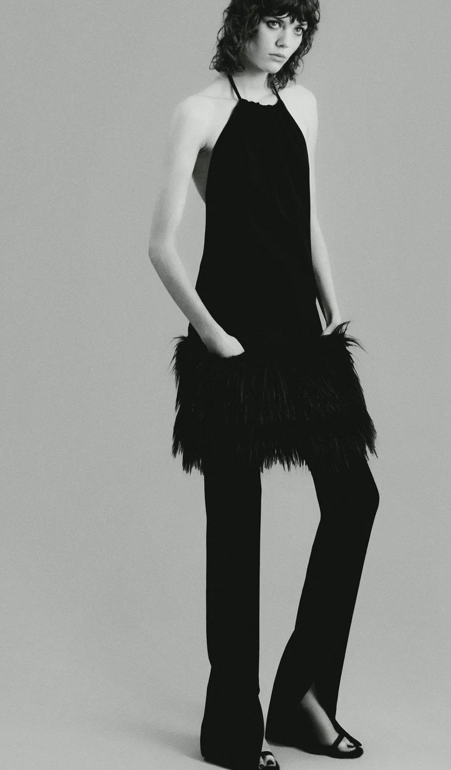 Zara Zara faux fur hem trimmed pocketed halter dress | Grailed