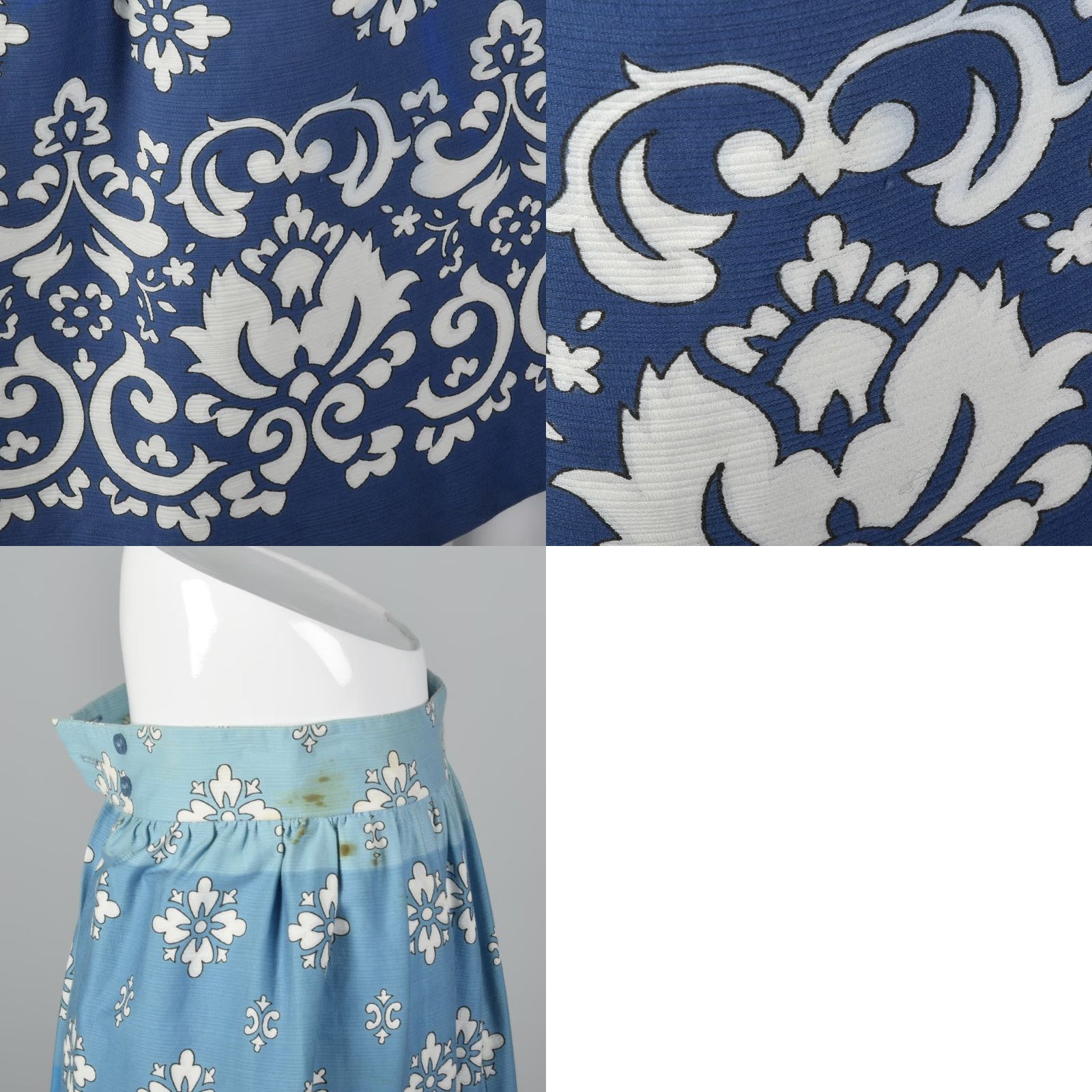 XXS 1970s Maxi Skirt Vintage Blue Long White Floral Pattern Stripe Summer Skirt