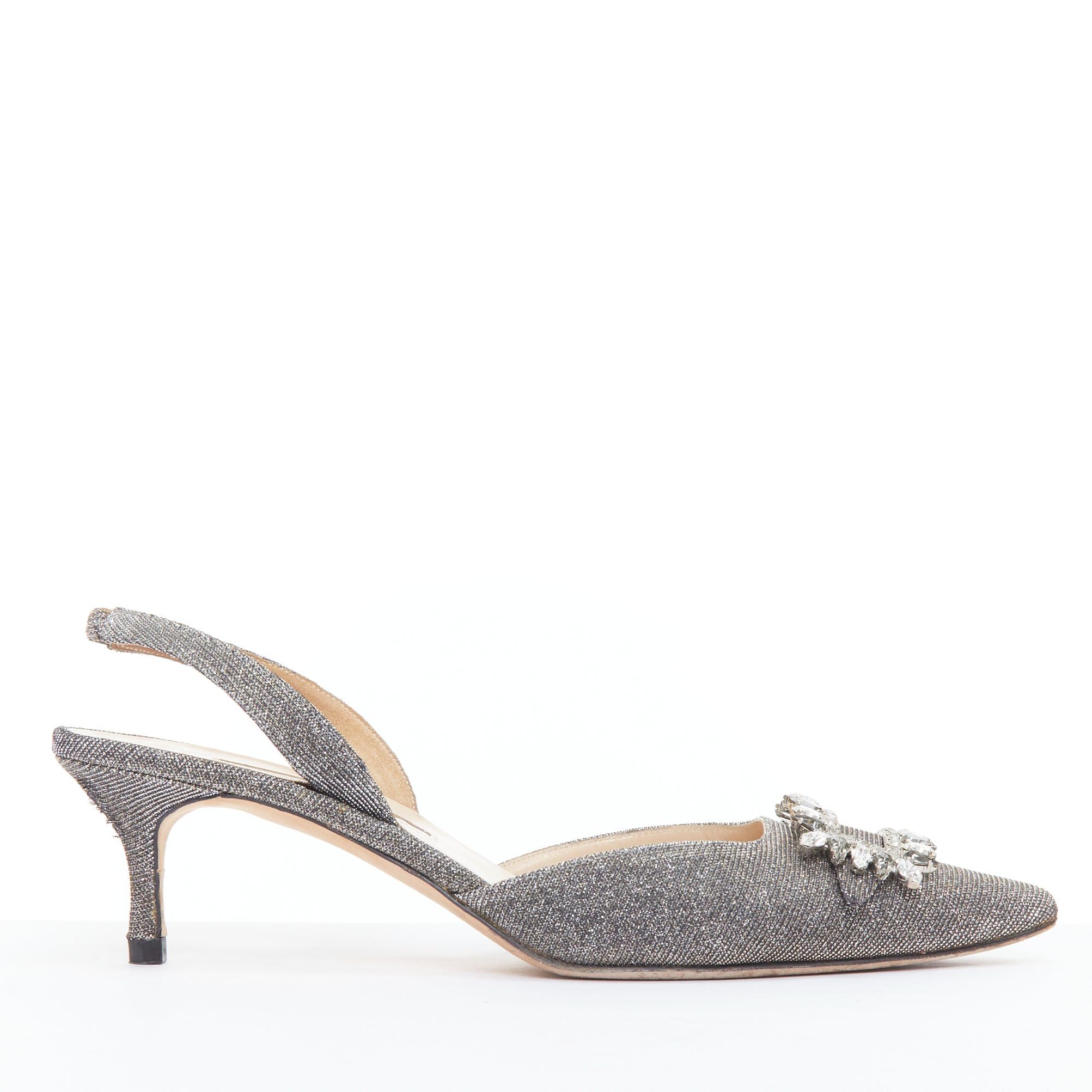 Manolo Blahnik MANOLO BLAHNIK Tonoslac metallic silver fabric crystsal buckle sling heels EU39 Size US 9 / IT 39 - 1 Thumbnail