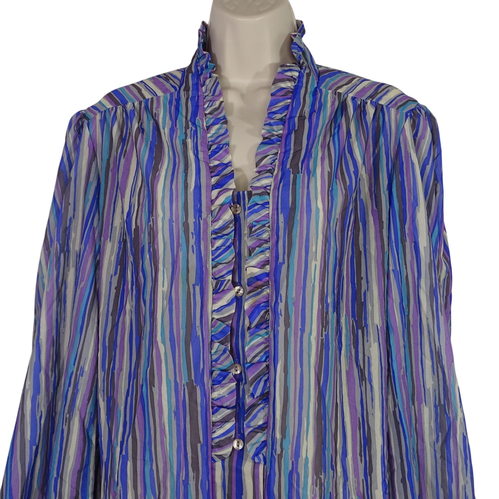 Other Vintage 80s Teddi Of California Stripe Ruffle Blouse Size 18 Size XXL / US 16-18 / IT 52-54 - 3 Thumbnail