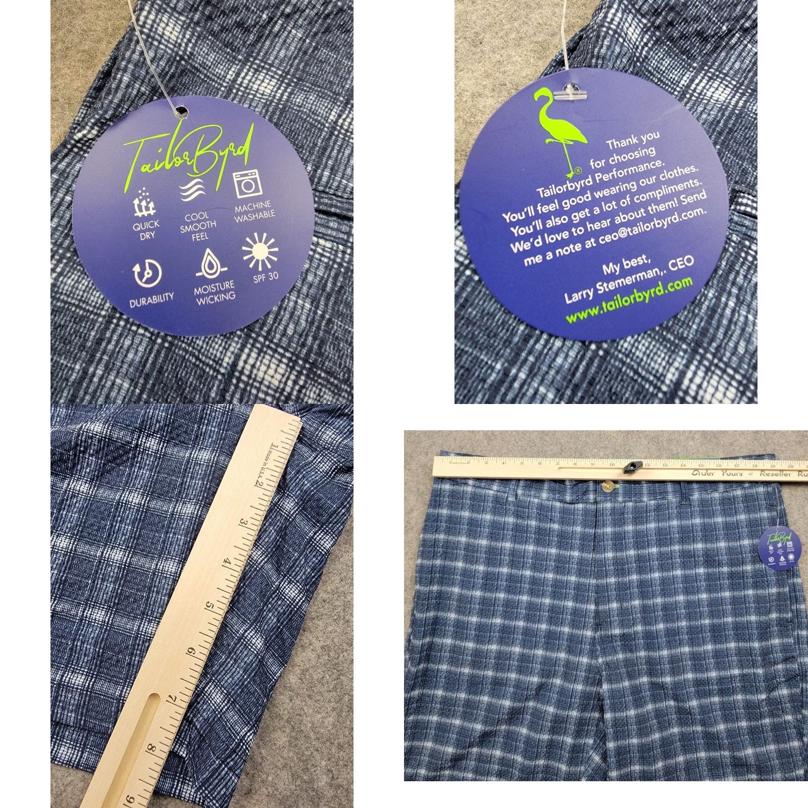 Tailorbyrd Tailorbyrd Golf Shorts Mens 38 Blue Plaid 8'' Inseam Bermuda NWT Moisture Wicking UV Pockets Casual Travel Sport Outdoor Polyester Spandex Front Flat Size US 38 / EU 54 - 10 Thumbnail