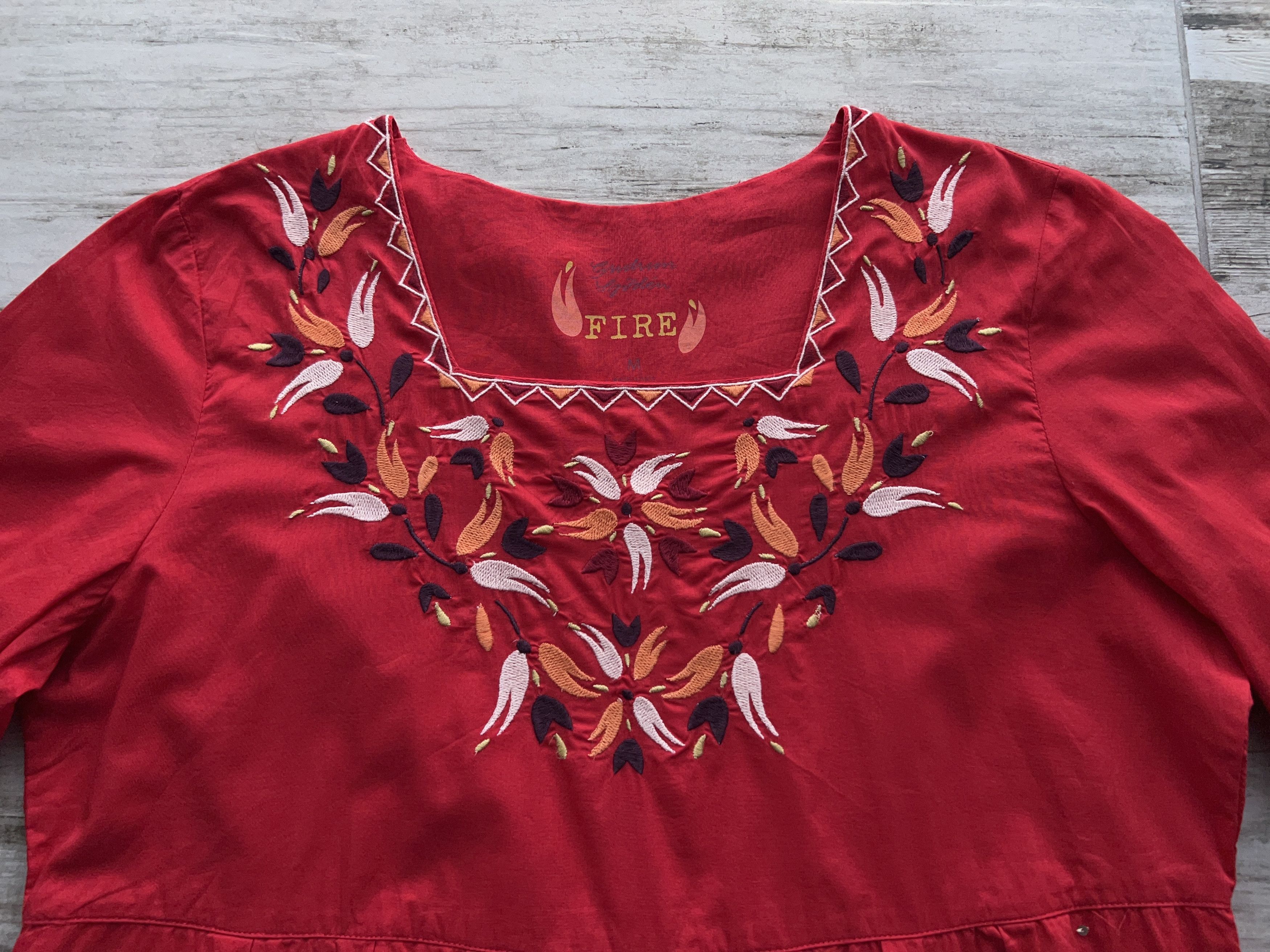 Designer Gudrun Sjoden Fire Embroidery Red Dress Cotton Size M / US 6-8 / IT 42-44 - 3 Thumbnail