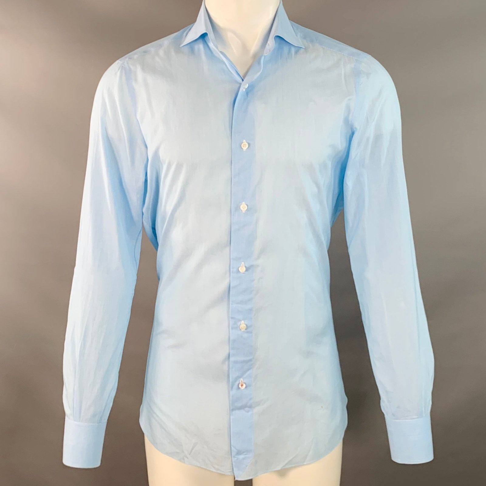 Isaia S Blue White Stripe Cotton Spread Collar Long Sleeve Shirt Size US S / EU 44-46 / 1 - 1 Thumbnail