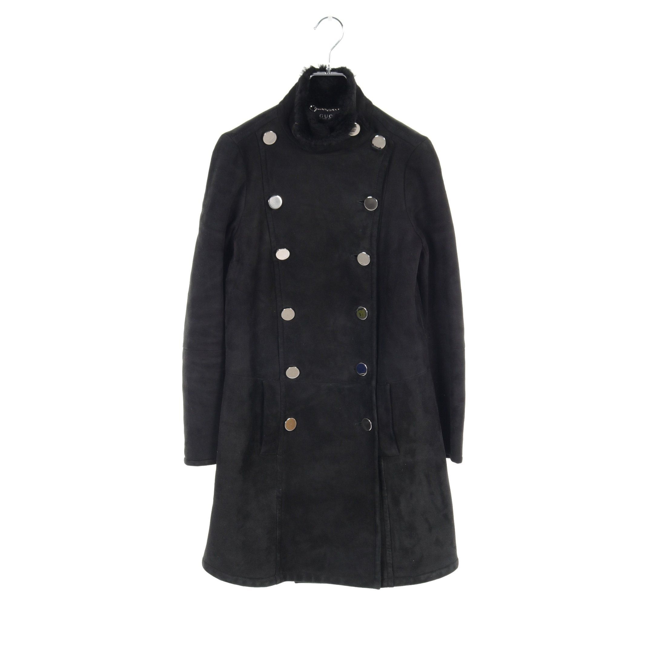 Gucci Mouton Coat Stand Collar Shearling Black Double Breasted