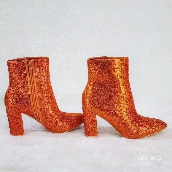 Other Crystel Orange Rhinestone Block Heel Sparkling Ankle Boots ( Size US 8 / IT 38 - 4 Thumbnail