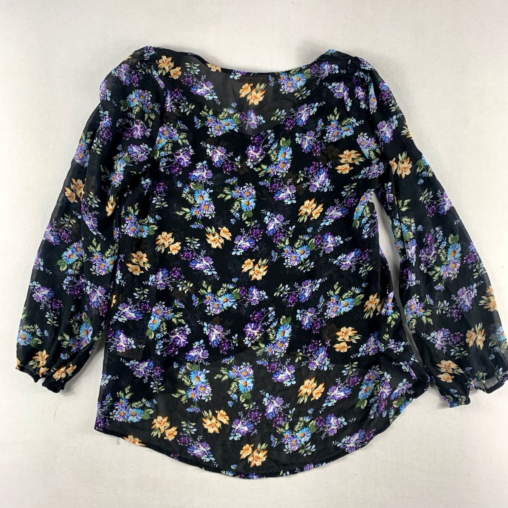 Vintage Philosophy Sheer Blouse Womens Small Petite Black Purple Boho Balloon Sleeves Size S / US 4 / IT 40 - 5 Thumbnail