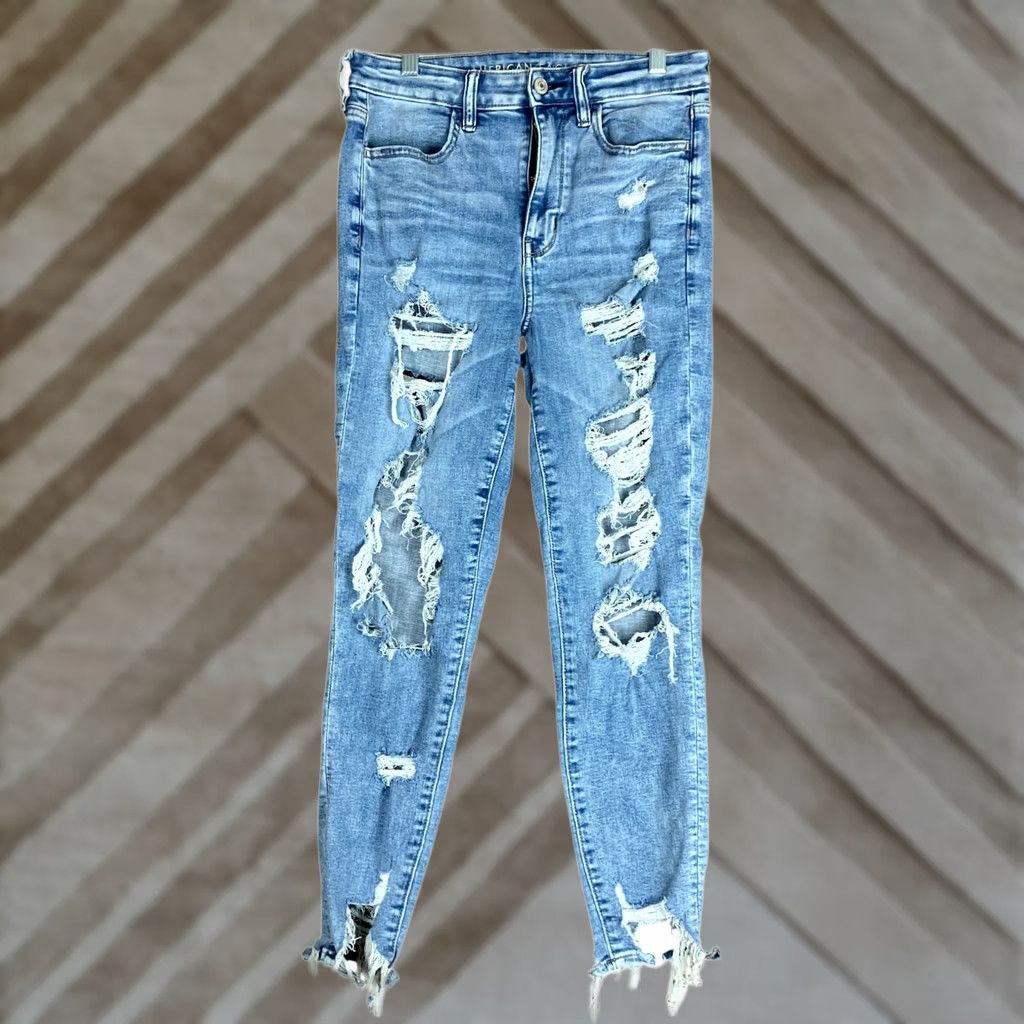 American Eagle Outfitters American Eagle Womens Jeans Blue Denim High Rise Jegging Distressed Thrashed 8S Capris Size 30" / US 8 / IT 44 - 1 Thumbnail