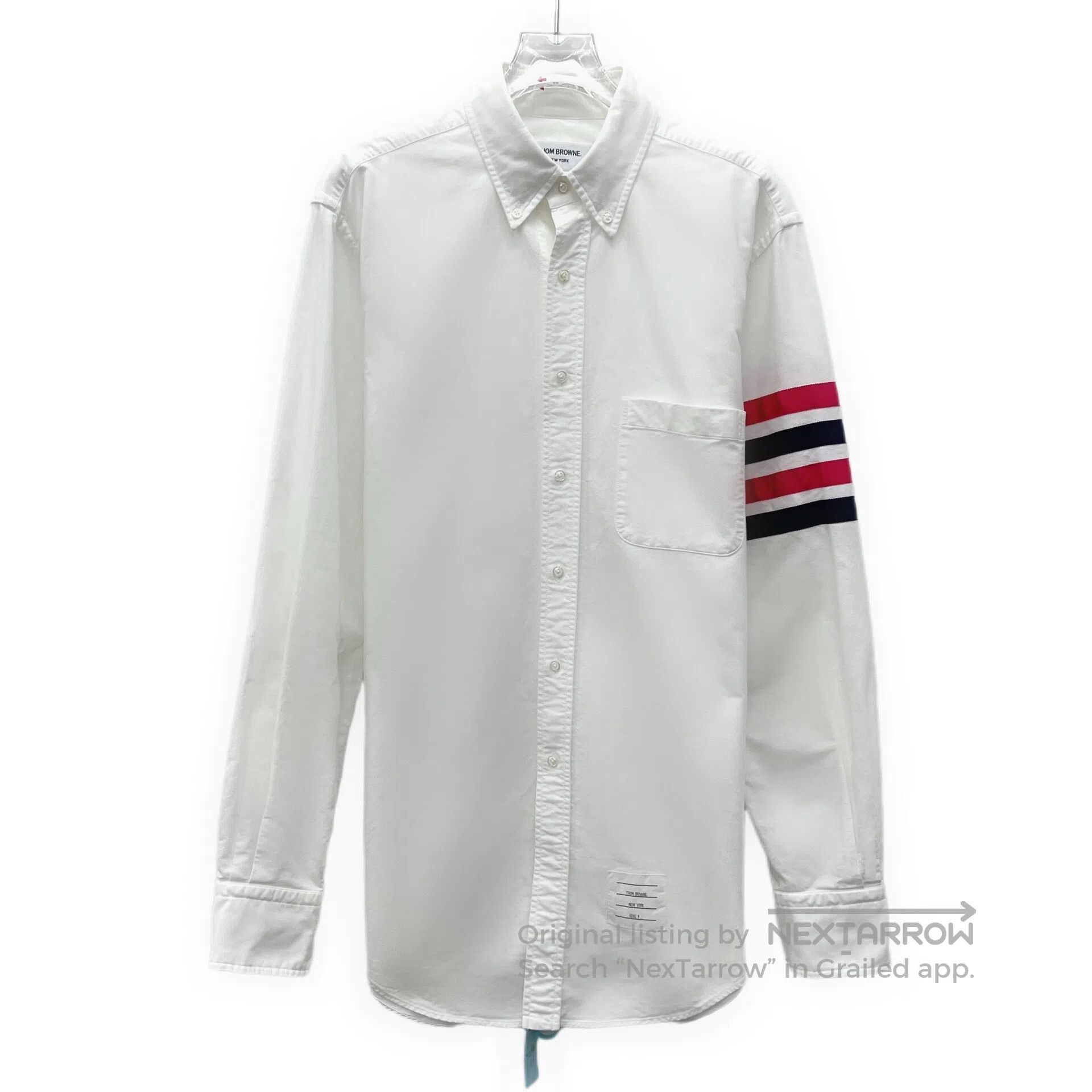 Thom Browne Thom Browne White classic four-stripe cotton collar long-s Size US L / EU 52-54 / 3 - 1 Thumbnail