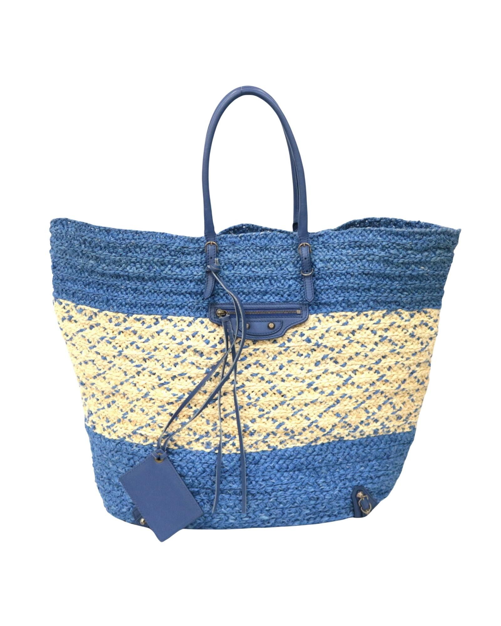 image of Balenciaga Blue Raffia Shoulder Tote Bag For Women
