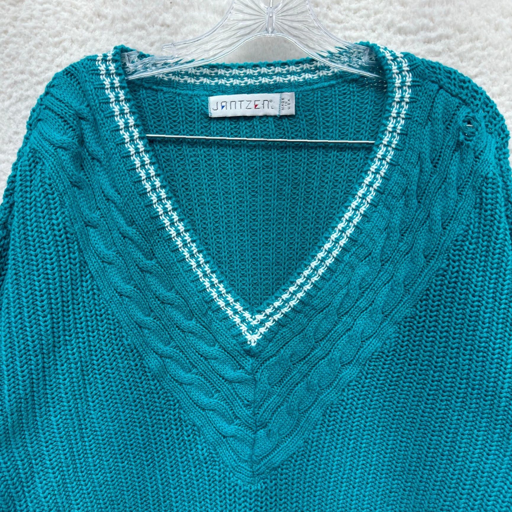 Jantzen VINTAGE 80s 90s Jantzen Sweater Mens L/XL Teal Blue Retro Rugby Preppy Fisherman Cotton Casual knit Size US L / EU 52-54 / 3 - 3 Thumbnail