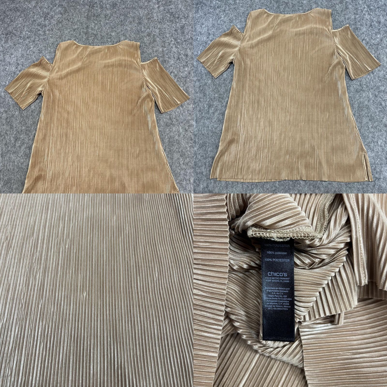 Vintage Chicos Shirt Womens 2 Gold Cold Shoulder Pleated Knit Tunic Top Travelers Size XS / US 0-2 / IT 36-38 - 9 Thumbnail