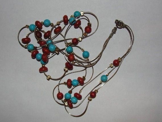Designer Sterling Silver 14 kt Gold Turquoise Red Coral Bead Necklace Size ONE SIZE - 3 Thumbnail