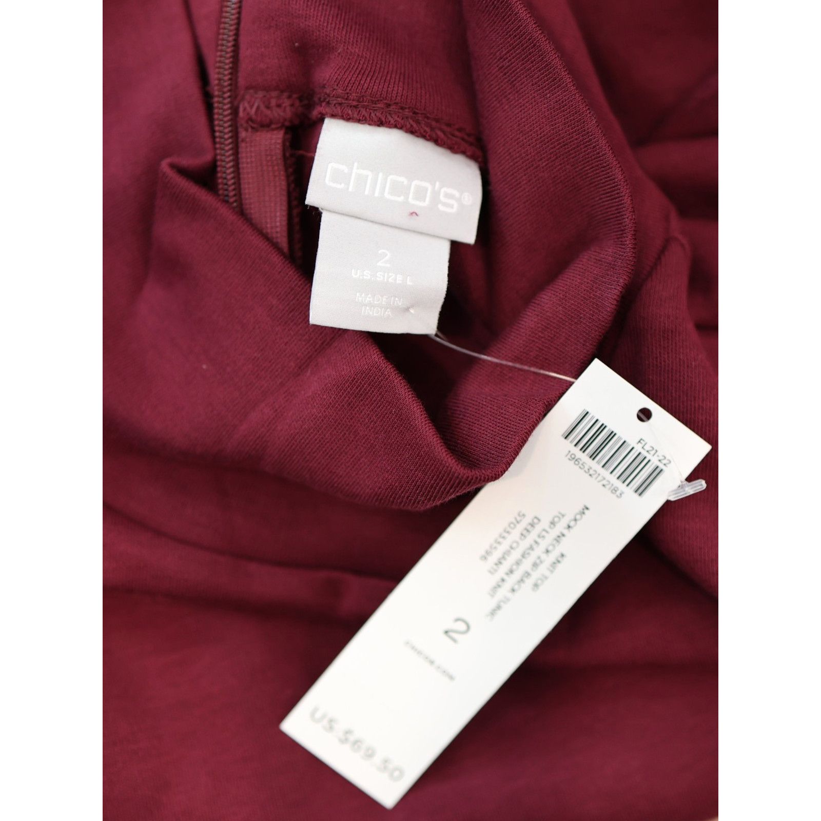 Chicos NWT CHICO'S Cotton Back Zip Stretch Wine Mock Neck Top Sz 2 Size L / US 10 / IT 46 - 5 Thumbnail