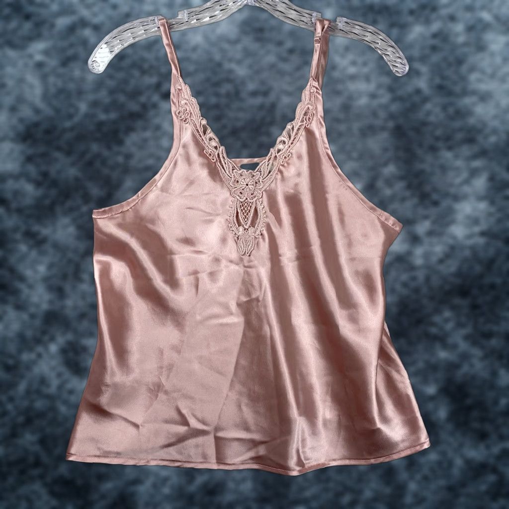 Vintage VTG Kathryn Camisole Pink Satin Crochet Trim Lingerie Adjustable V Neck M Womens Shirt Size ONE SIZE - 1 Thumbnail