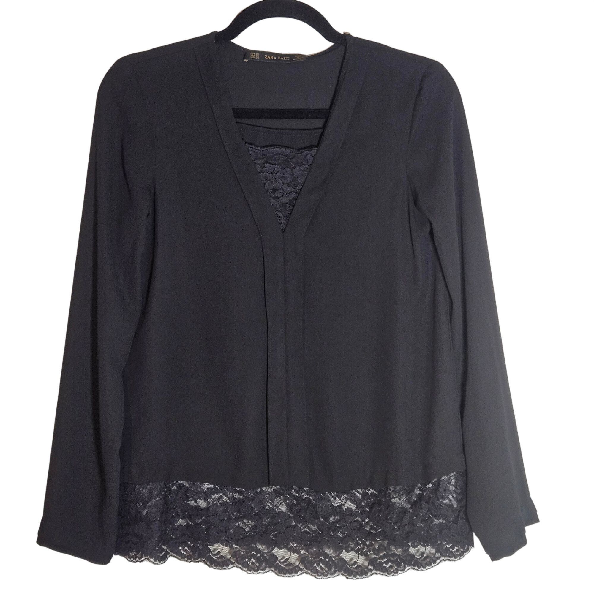 Other Zara Basic Women’s Black Blouse XS Lace Hem, Minimal Chic, Size XS / US 0-2 / IT 36-38 - 2 Thumbnail