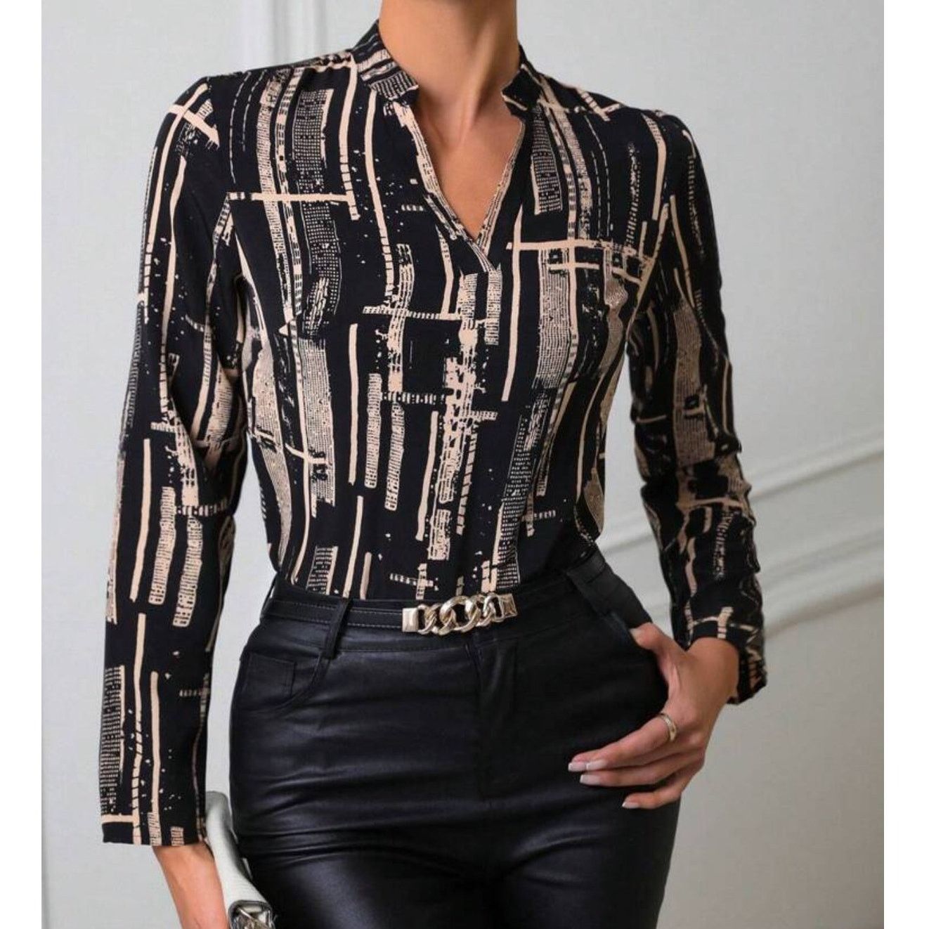 Shein Black Abstract Pattern V-Neck Long Sleeve Blouse Large Size L / US 10 / IT 46 - 1 Thumbnail