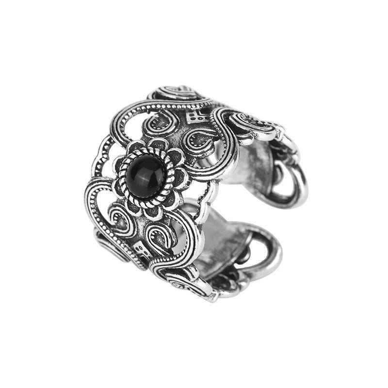 Jewelry × Vintage Vintage Black Zircon Hollow Flower Wide Cuff Finger Rings Size ONE SIZE - 5 Thumbnail