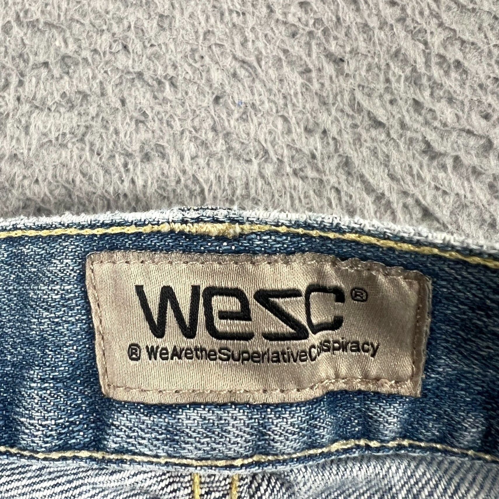 WeSC WeSC Blue Jeans Mens 34x31 Slim Fit Light Wash Denim Stretchy Whiskers Tag 34x32 Slimming Button Classic American Straight Clothing Size US 34 / EU 50 - 6 Thumbnail
