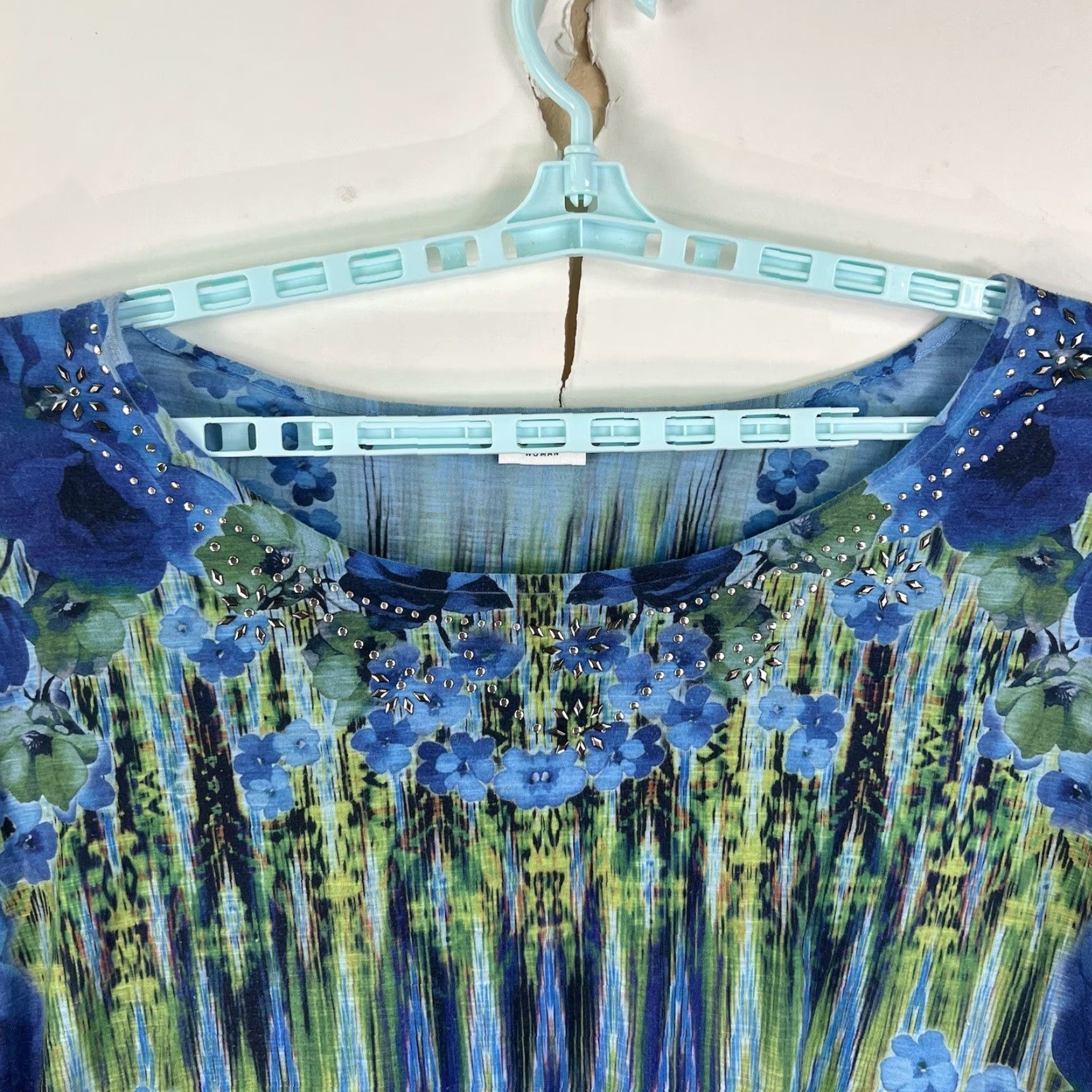 Vintage Cato Floral Embellished Open Sleeve Blouse Women's Size 26 Blue Flowing Poly Size 4XL / US 24-26 - 3 Thumbnail
