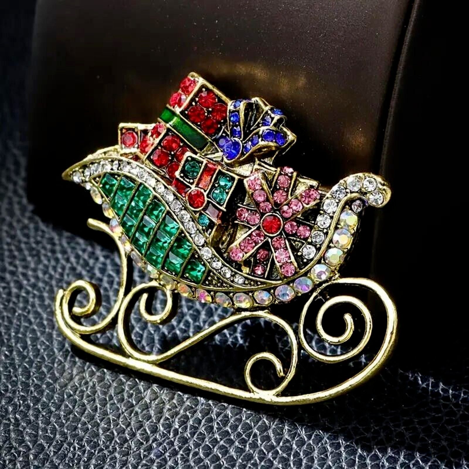 Other Christmas Sleigh Brooch • Red Green White Blue Pink AB's Size ONE SIZE - 2 Thumbnail