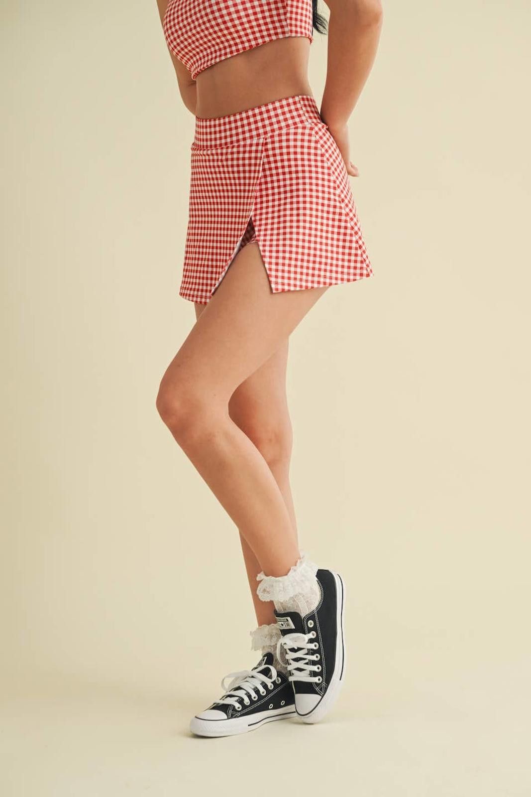 Christian Kimber Gingham Print Side Slit A-Line Skort with Pocket by Kimberly Size ONE SIZE - 9 Thumbnail